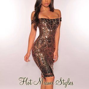 Black Rose Gold Sequins Off Shoulder Dress